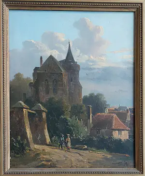 Adrianus Eversen - Hollands straatgezicht met personen bij een stadspoort kopen? Bied vanaf 3250!