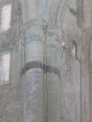 Eugene Lucker - Kerkinterieur. Pastelkrijt. Groot. kopen? Bied vanaf 369!
