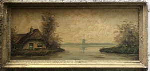 Niet of onleesbaar gesigneerd - Hollands waterlandschap met molen en boerderij. kopen? Bied vanaf 1!