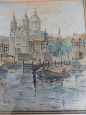 Jan den Hengst - Aquarel. zicht op de St. Nicolaaskerk te Amsterdam. kopen? Bied vanaf 35!