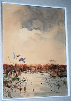 Jo Schrijnder - Eenden boven een waterplas - prachtig ingelijst verkocht voor € 90!