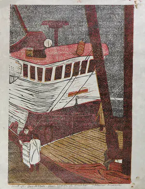 Piet Lont - Linosnede op Japans papier, Vis lossen kopen? Bied vanaf 35!