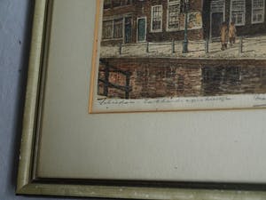 Marius Johannes Janssen - Ingelijste en ingekleurde ets , Zakkendragershuisje Schiedam – ca. 1950 kopen? Bied vanaf 35!