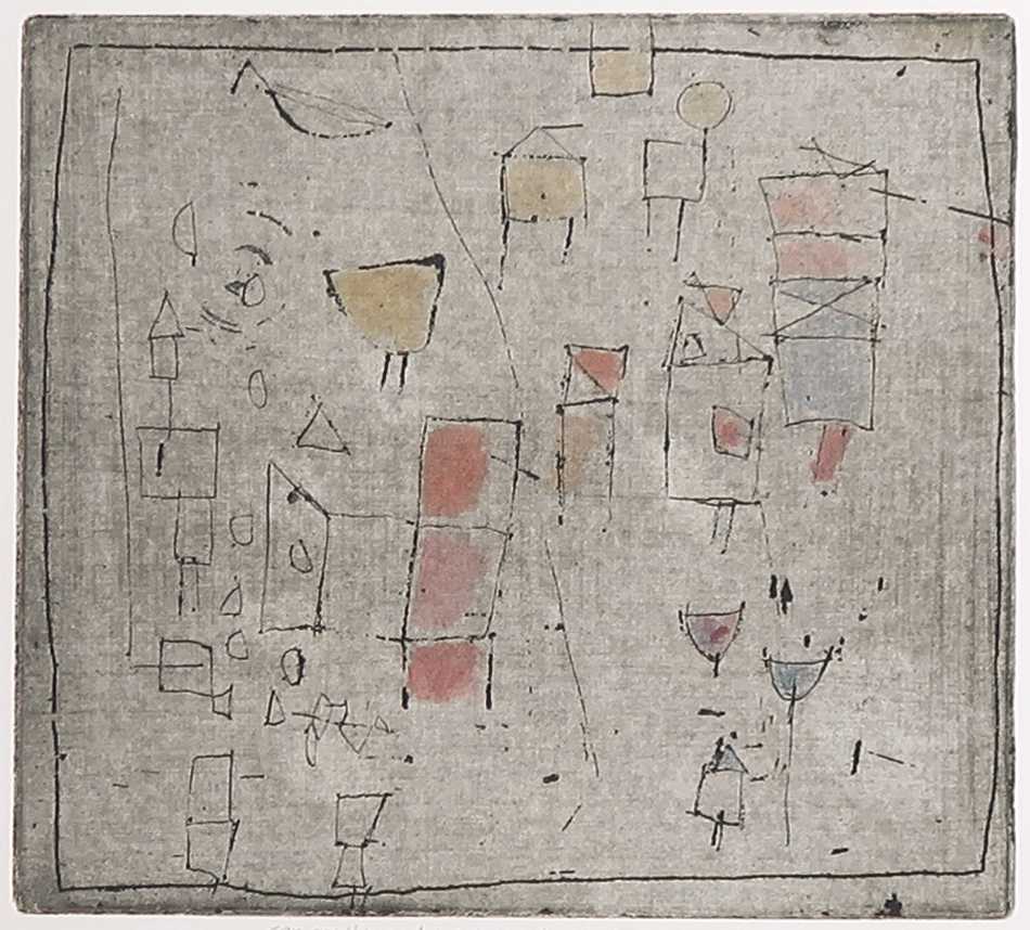 Henk Tichelaar - Droge naald en aquarel, Compositie met tafel, vogel en huizen kopen? Bied vanaf 1!