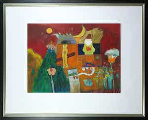 Michel van Overbeeke - Gouache met bladgoud, Zonder titel - Ingelijst verkocht voor € 200!