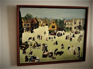 Niet of onleesbaar gesigneerd - Outsider Art olieverf "markt in de stad" naar Bruegel - gesigneerd JOS kopen? Bied vanaf 1!