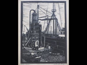 Antonius Hubertus Nordberg - Graanelevator in de haven - Houtsnede kopen? Bied vanaf 35!