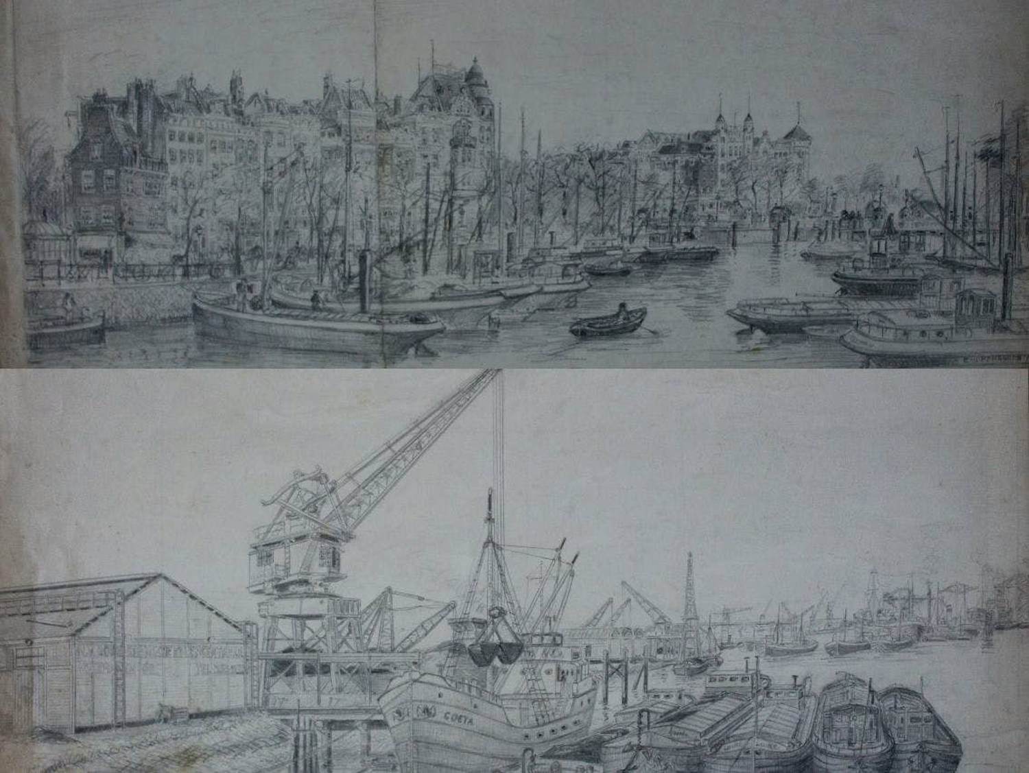 Eugene Rensburg - 2 potlood tekeningen: Spaanse kade Rotterdam kopen? Bied vanaf 100!