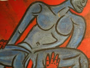 Niet of onleesbaar gesigneerd - Acrylverf op paneel , “Erotische voorstelling” – groot, 100 x 108 cm kopen? Bied vanaf 1!