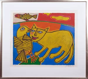 Corneille - Zeefdruk, Le chat et l'oiseau - Ingelijst kopen? Bied vanaf 150!