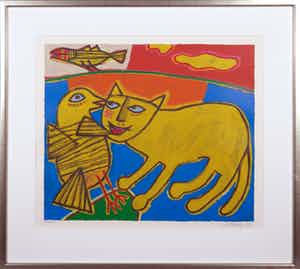 Corneille - Zeefdruk, Le chat et l'oiseau - Ingelijst verkocht voor € 150!