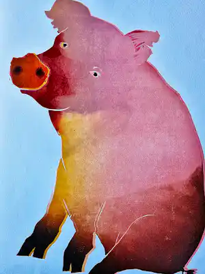 Frans de Jong - Grote kleuren Sjabloondruk "happy pig" - potlood gesigneerd verkauft für € 41!