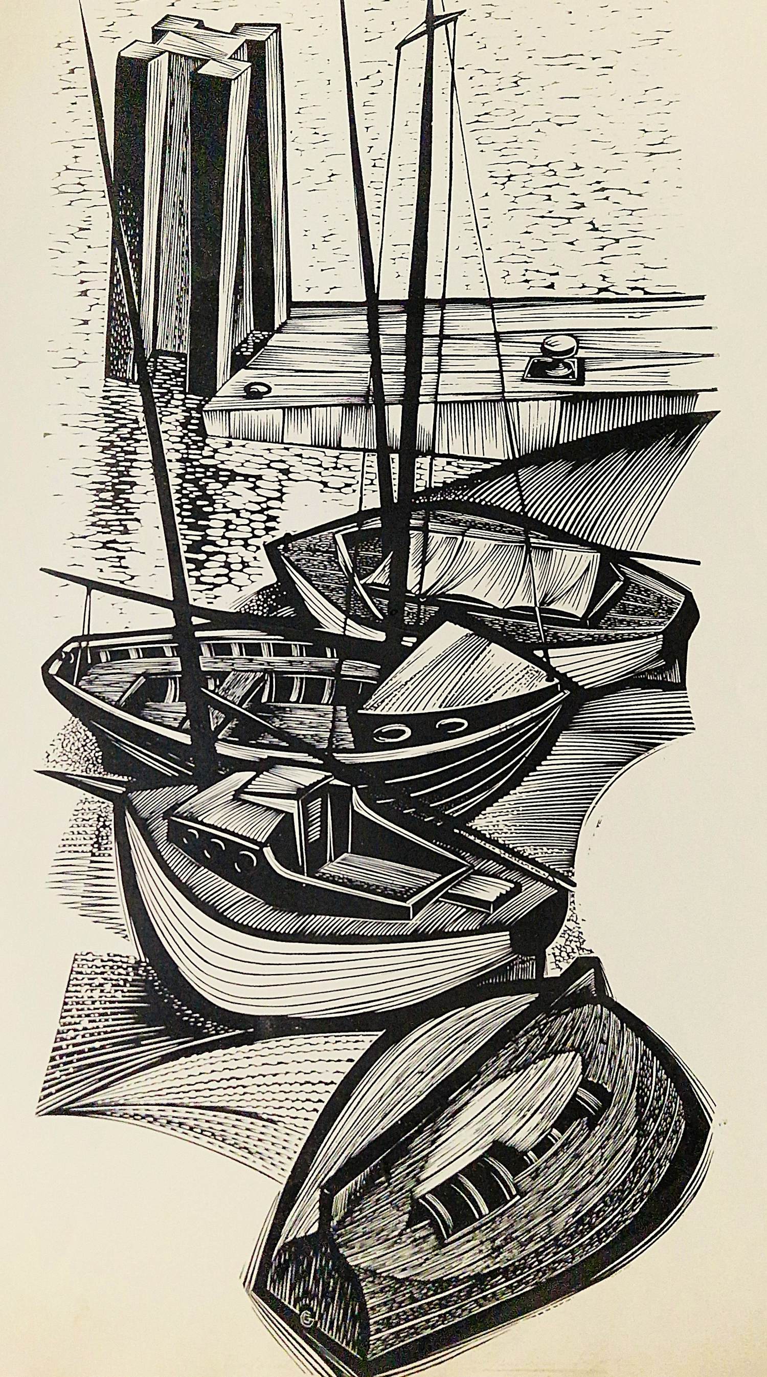 Gerard Gaudaen - grote in 1959 gemaakte Hout/Linosnede - haven met bootjes - potloodgesigneerd kopen? Bied vanaf 31!