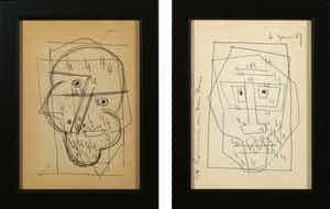 Siep van den Berg - Lot van twee tekeningen met pen, Abstracte portretten - Ingelijst verkocht voor € 20!