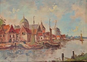 Niet of onleesbaar gesigneerd - Stadsgezicht Singel A'dam met bootjes en Lutherse kerk - Gesigneerd: W. van Dam kopen? Bied vanaf 10!