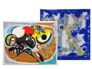 Piet Ouborg - + Maurice Elie Sarthou, Lot van twee zeefdrukken op katoenzijde/viscose verkocht voor € 35!