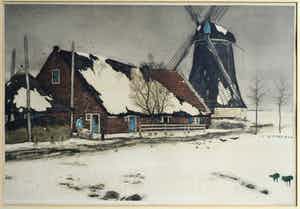 Tjeerd Bottema - Ets , handgekleurd , Dooiweer – in originele lijst - ca 1945 verkocht voor € 50!