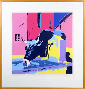 Marco Kooiman - Zeefdruk, Cow drinking at fountain - Ingelijst vendu pour 60€ !