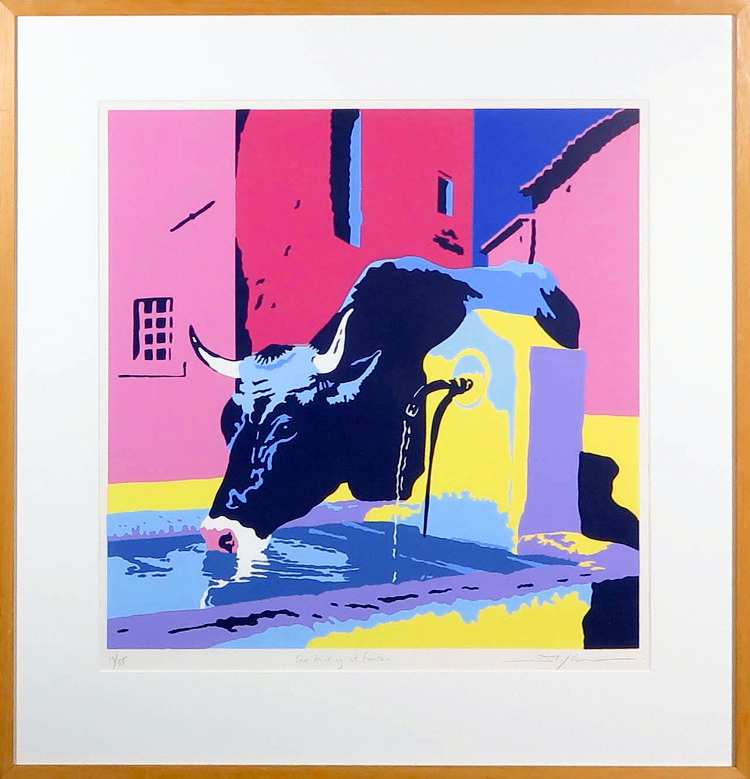 Marco Kooiman - Zeefdruk, Cow drinking at fountain - Ingelijst verkocht voor € 60!