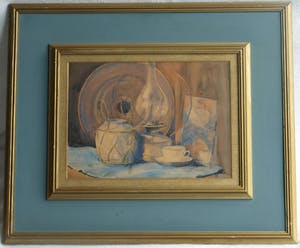 Frits Hes - Ingelijste aquarel , Stilleven met spiegel en olielamp – ca. 1950 kopen? Bied vanaf 50!
