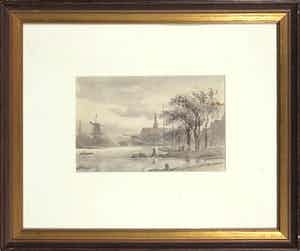 Arnoldus Johannes Eymer - Aquarel, Landschap met kerktoren - Ingelijst verkocht voor € 35!