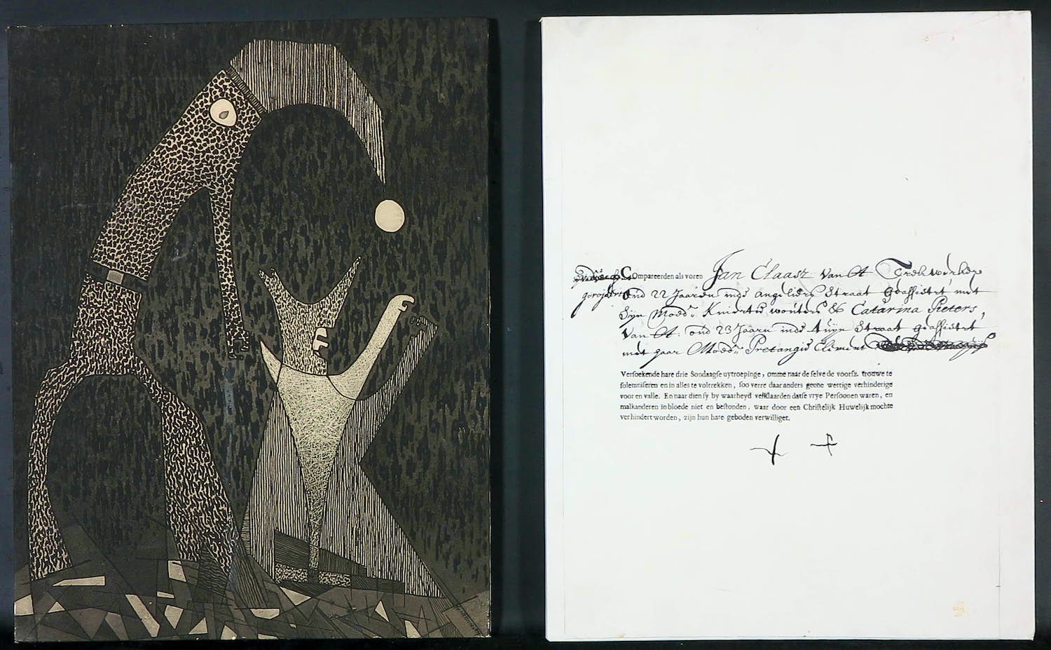 Harry van Kruiningen - Ets op marouflé, Jan Klaasen trouwt met Katrijn Pieters verkocht voor € 80!