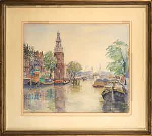 Jan den Hengst - Aquarel, Montelbaanstoren Amsterdam - Ingelijst verkocht voor € 150!