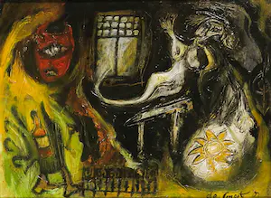 Marthijn de Groot - Acryl op doek, Vrouw uit het raam - Ingelijst kopen? Bied vanaf 1!