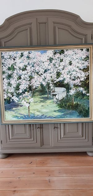 Ann Nosworthy - Tuin/park met bloesem en stenen bank kopen? Bied vanaf 750!