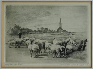 Maarten Langbroek - Ingelijste ets, Voorjaar op Texel – ca. 1970 kopen? Bied vanaf 35!