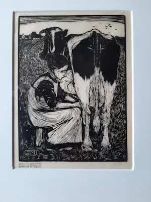 Jan Mankes - Originele Houtsnede Koemelkster 1927 kopen? Bied vanaf 160!