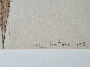 Hannes Postma - Bijzondere 1958 zalmroze gemengde techniek (o.a. ecoline) "Poes" gesigneerd kopen? Bied vanaf 78!