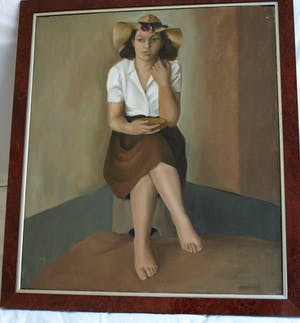 Elly du Clou-Bruggeman - Olieverf op doek , Vrouw met hoed, Zelfportret? – Groot kopen? Bied vanaf 100!