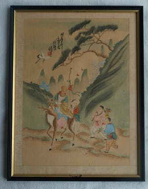 Niet of onleesbaar gesigneerd - Ingelijste gouache op zijde, Japan? China? , Figuren in berglandschap kopen? Bied vanaf 1!