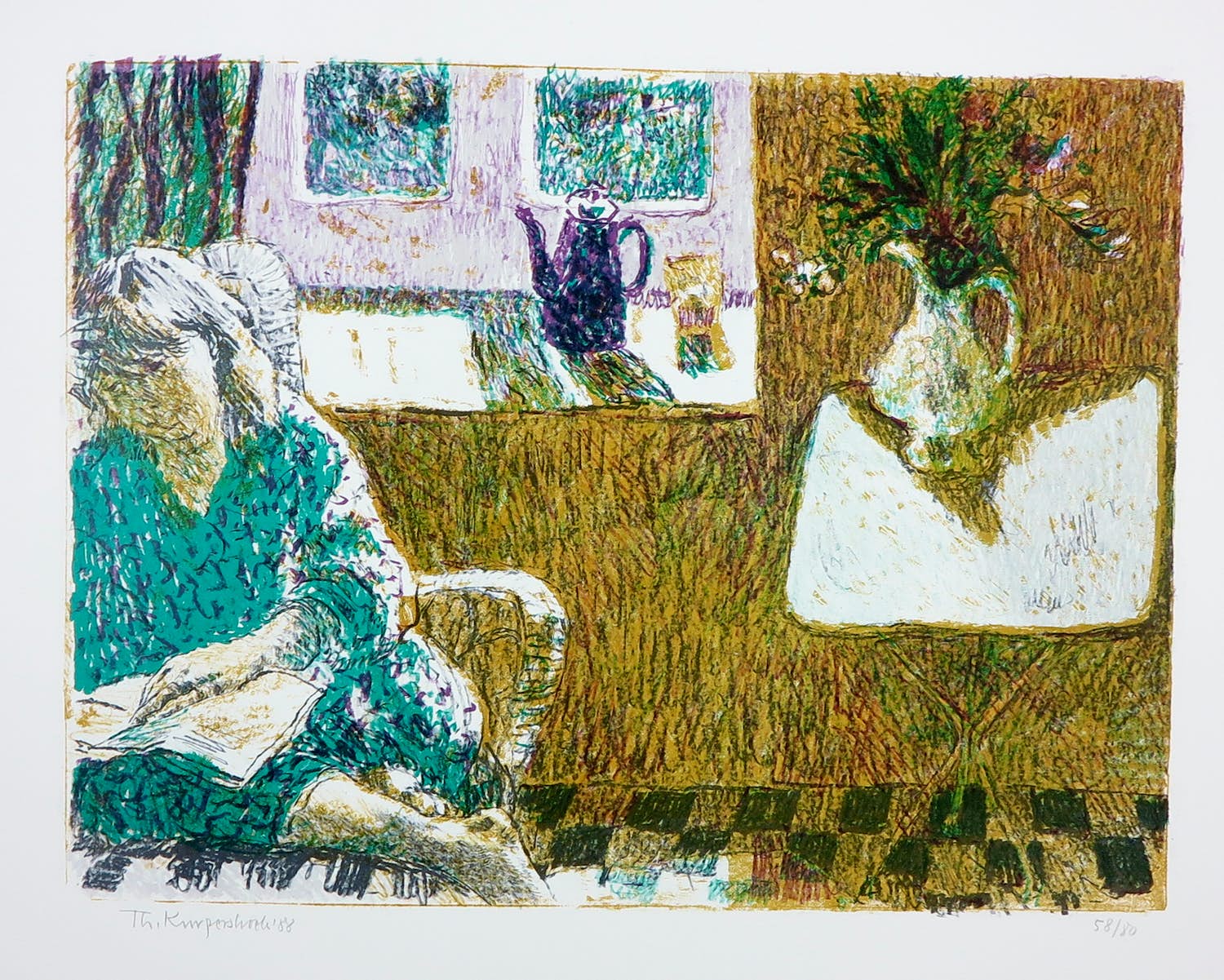 Theo Kurpershoek - Litho, Lezende vrouw in interieur verkocht voor € 40!
