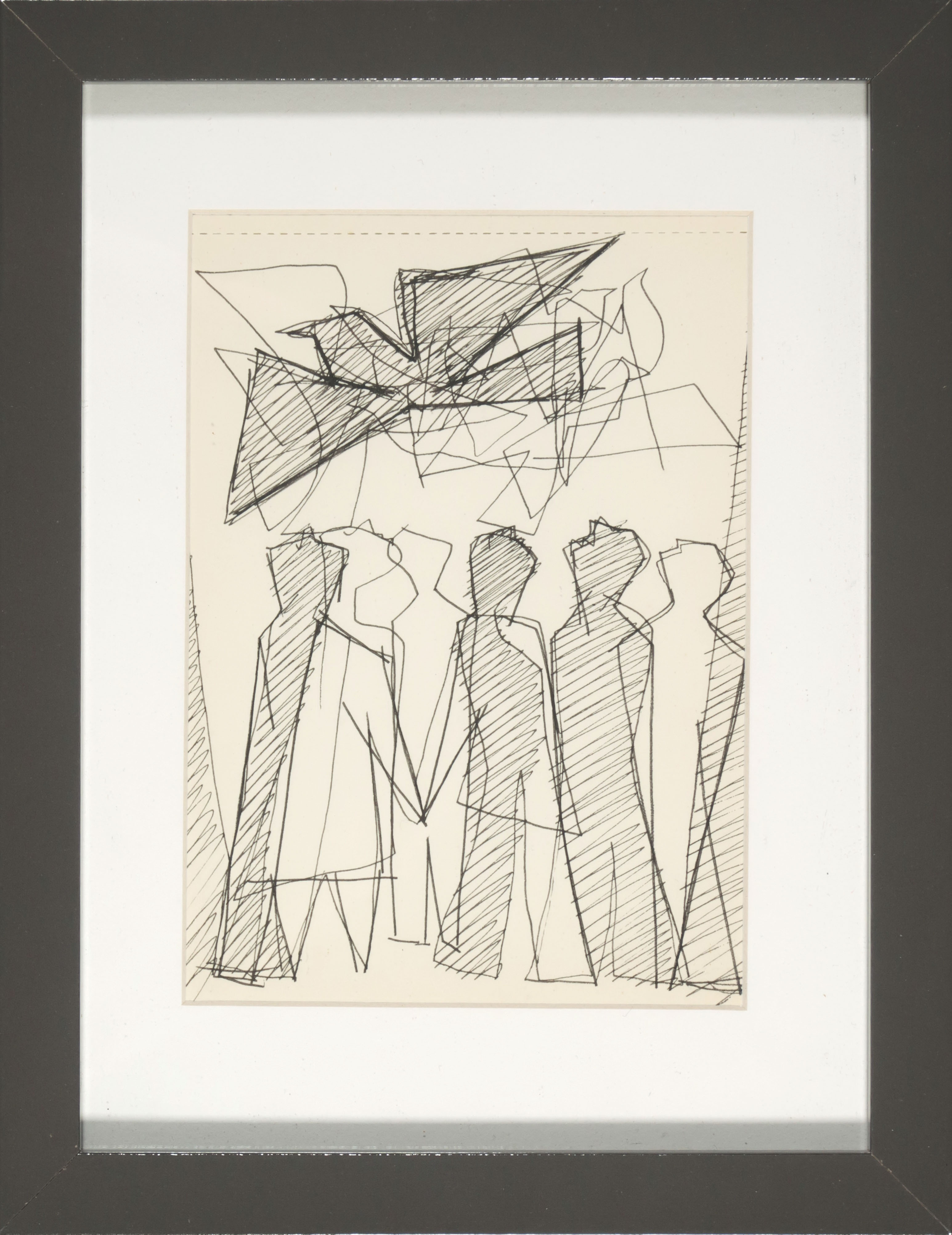 Siep van den Berg - Inkttekening, Groep mensen kijkend naar vogels - Ingelijst verkocht voor € 60!