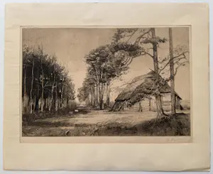 Henri Koetser - handgesigneerde ets | 'Boerin in landschap met schuur' kopen? Bied vanaf 70!
