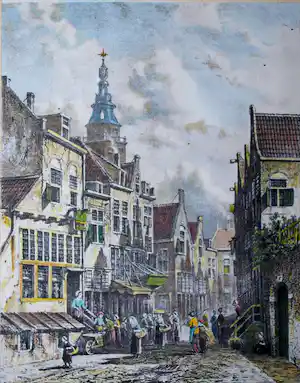 Petrus Gerardus Vertin - 19e eeuws straatje, mogelijk Haarlem - handgekleurde litho naar P.G. Vertin verkauft für € 25!