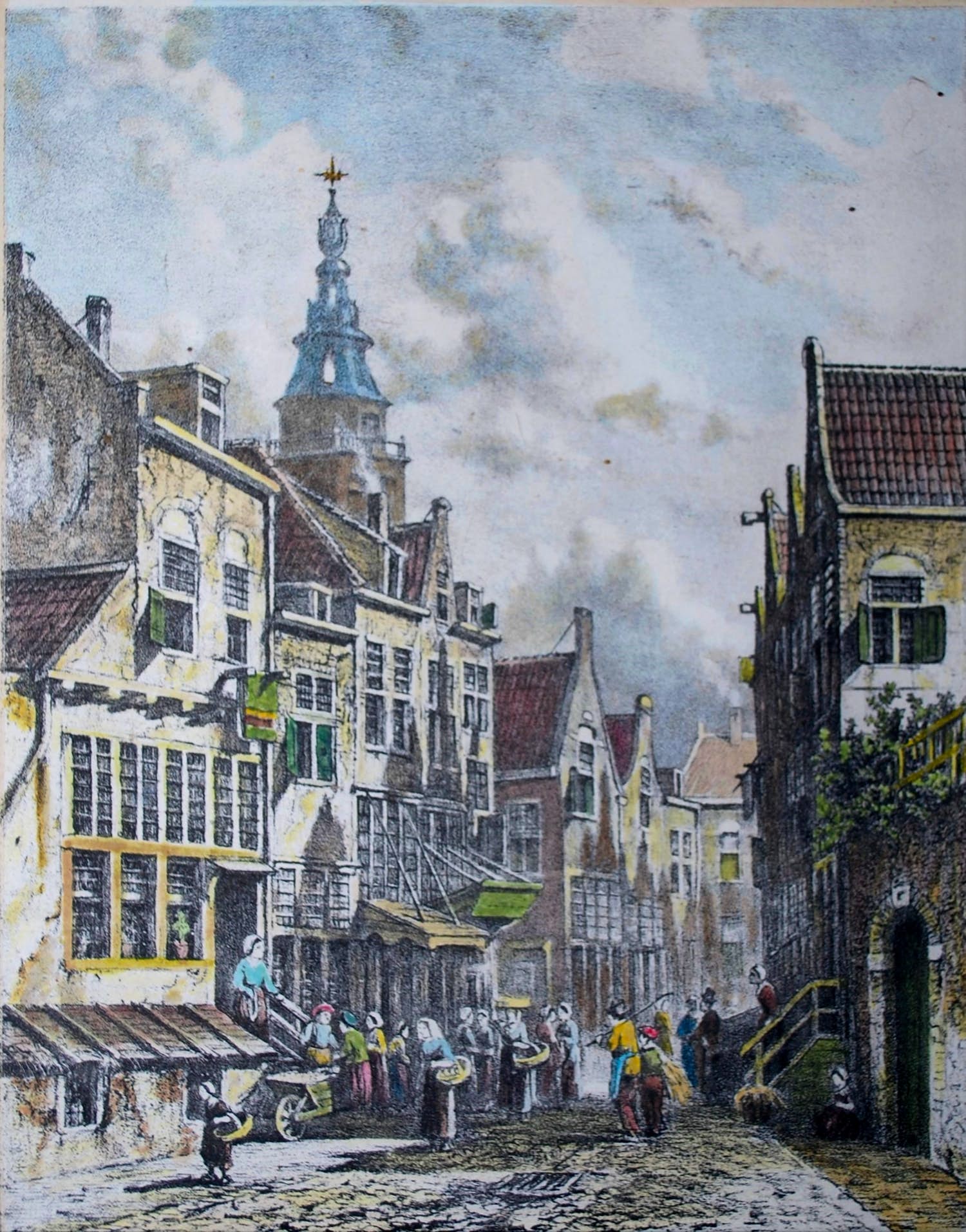 Petrus Gerardus Vertin - 19e eeuws straatje, mogelijk Haarlem - handgekleurde litho naar P.G. Vertin kopen? Bied vanaf 25!