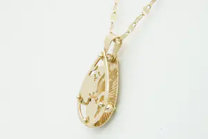 20- Zeer fijn 14 Krt gouden collier met fraai opengewerkte moeder & kind hanger kopen? Bied vanaf 155!