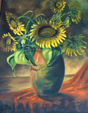 Niet of onleesbaar gesigneerd - Olieverf op doek, Bloemstilleven “Zonnenbloemen” – ingelijst verkocht voor € 1!