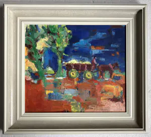 Niet of onleesbaar gesigneerd - Olieverf op canvas - Boer met hooiwagen en paard in landschap kopen? Bied vanaf 1!