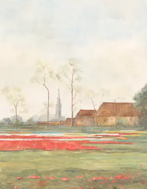 Niet of onleesbaar gesigneerd - Gezicht op een bollenveld met op de achtergrond een boerderij bij een kerk kopen? Bied vanaf 1!