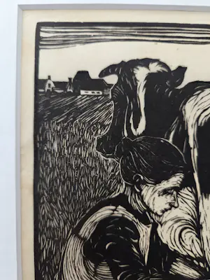 Jan Mankes - Melkster. Ingelijst. Houtsnede. kopen? Bied vanaf 179!