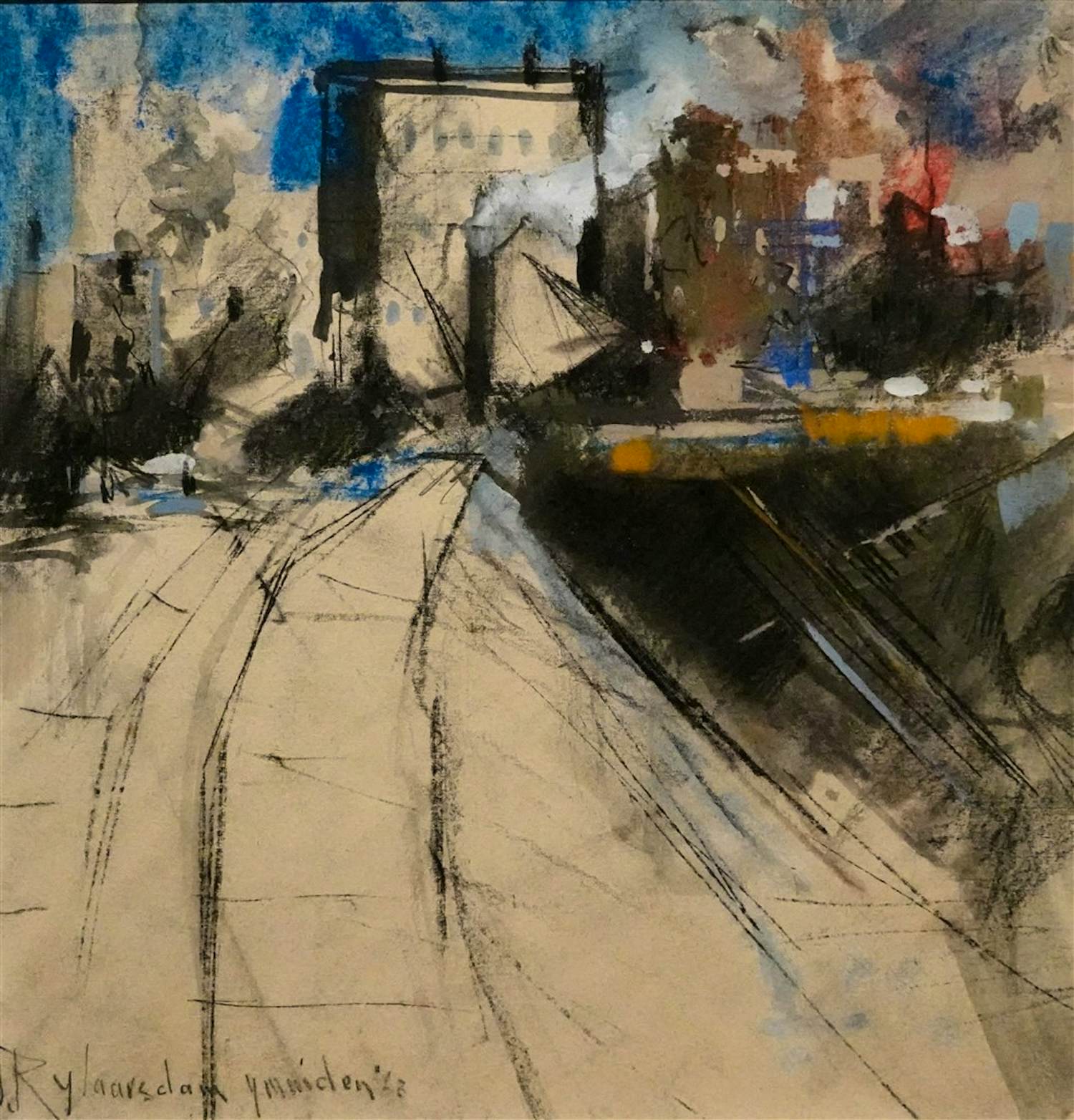 Jan Rijlaarsdam - Ingelijste gemengde techniek op papier: 'IJmuiden' - 1963 verkocht voor € 275!