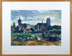 Piet Middelhoek - Aquarel, Zwijndrecht bij de watertoren - Ingelijst verkocht voor € 1!