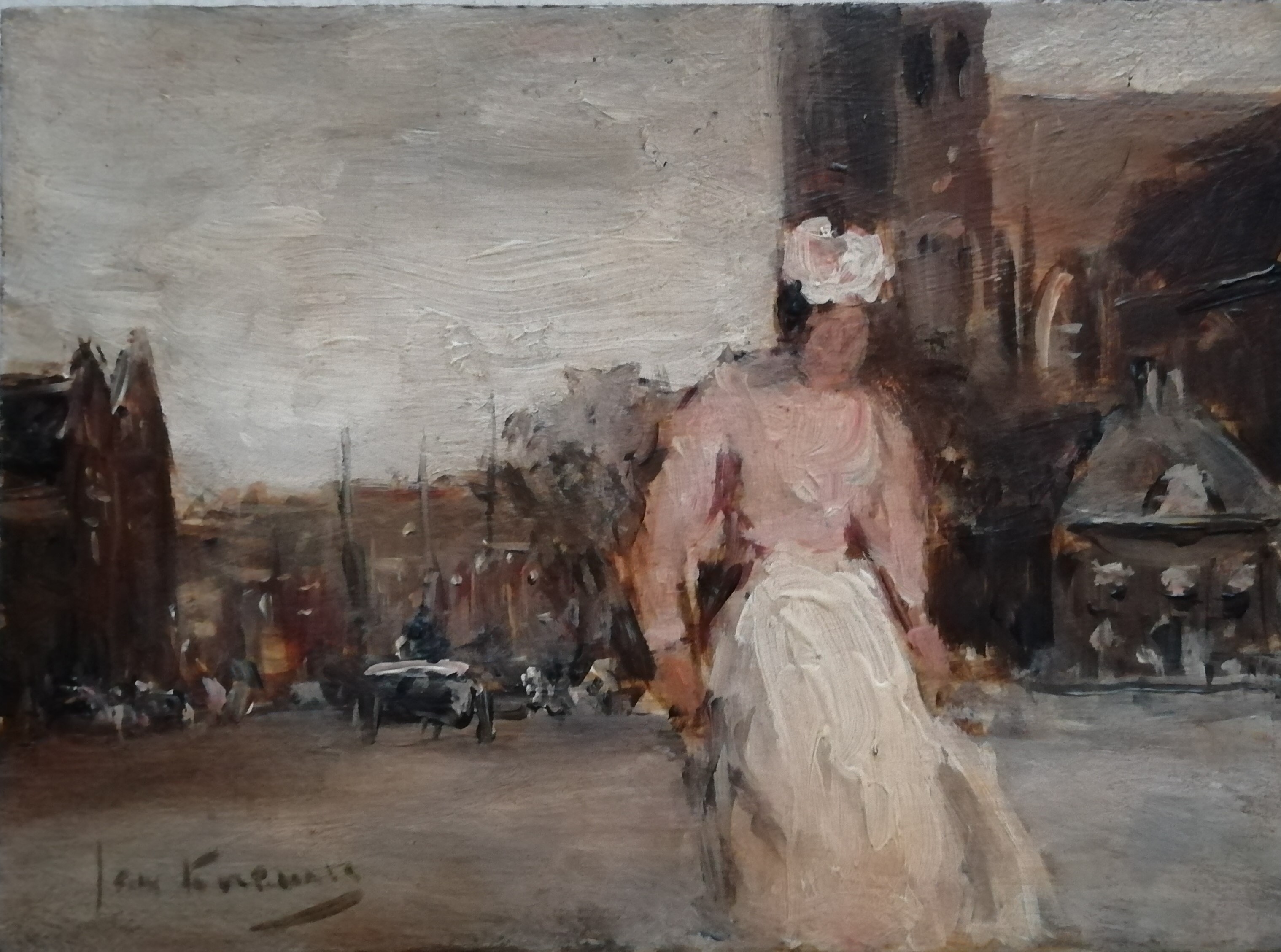 Jan Korthals - Straatscène met dienstmeid en kerk verkocht voor € 250!