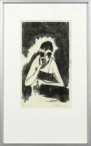 Mark Kolthoff - Houtsnede, Zittende figuur - Ingelijst verkocht voor € 35!