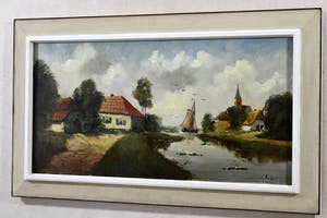 Niet of onleesbaar gesigneerd - "Zicht op dorp aan vaart met boerderijen, kerk en zeilschip" - olieverf opdoek kopen? Bied vanaf 10!