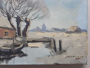 Jan Kelderman - Wintergezicht. Boerderij en roeiboot. kopen? Bied vanaf 20!